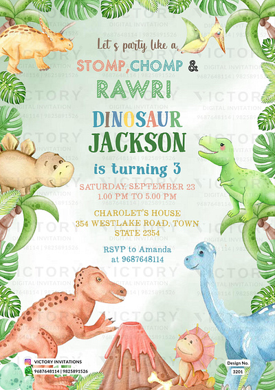 Birthday Party Invitation card in Dinosaur theme 3201 birthday design graphic design illustration invitation photoshop