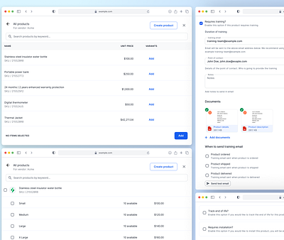 Product Variants and Training Notifications Configuration UI erp product design saas