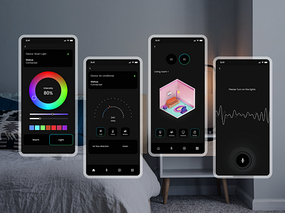 Smart home application Mobile app 3d room setup app design dark mode home app room 3d smart device smart device control smart home smart home app smart usage ui design ux design voice control