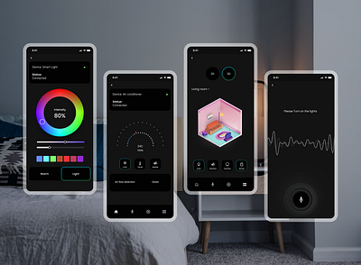 Smart home application Mobile app 3d room setup app design dark mode home app room 3d smart device smart device control smart home smart home app smart usage ui design ux design voice control