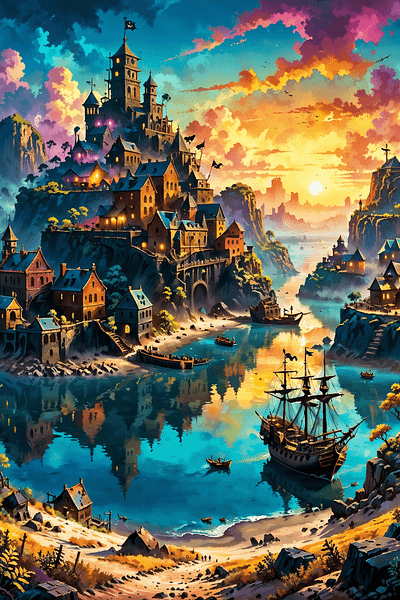 Enchanted Pirate Cove - Sunset Serenity art cloud illustration landscape nature