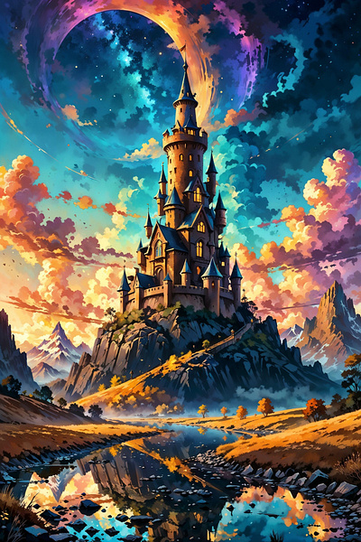 Enchanted Moonlit Castle - Fantasy Dreamscape art cloud illustration landscape nature