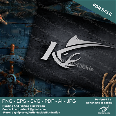 K Letter Fish Deer Antler Fishing Hunting Logo For Sale deer antler fish logo fish hook logo fishing hunting logo fishing logo hunting logo k letter fish deer antler k letter logo