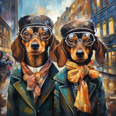 Cute Fashionable Dog couple(Oil Painting) 3d 3d visualization logo