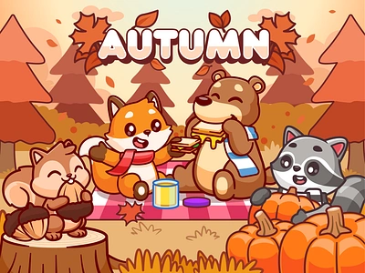 Autumn Season Illustration🍂🍁🐿️ animal autumn bear character cute doodle flat food forest icon illustration leaves logo nature picnic pumpkin raccoon red panda season squirrel