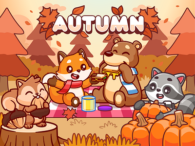 Autumn Season Illustration🍂🍁🐿️ animal autumn bear character cute doodle flat food forest icon illustration leaves logo nature picnic pumpkin raccoon red panda season squirrel