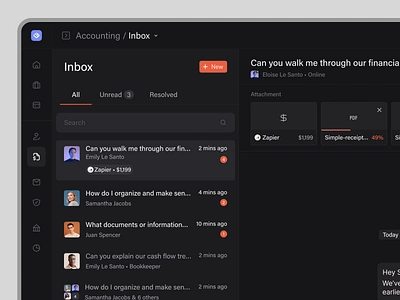 Accounting - Bookkeeper inbox snippet app chat clean dark darkmode design inbox message saas ui