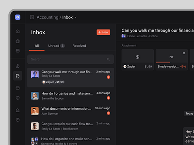 Accounting - Bookkeeper inbox snippet app chat clean dark darkmode design inbox message saas ui