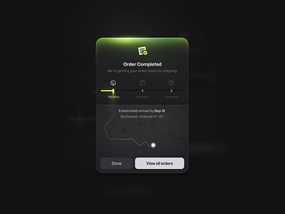 Order delivery modal animation dark ui delivery map modal order package product design route tracking ui ux