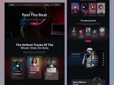 Music streaming website (Solo). animation app design creative design dark theme gradient graphic design illustration interaction design minimal design minimalist design mobile design modern design music straming website music website prototype responsive design typography ui design uiux design web design