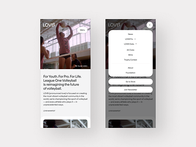 LOVB — Mobile Menu athlete background collapse design dropdown expand hero league menu mobile navbar navigation player product design sport ui ux video volleyball website
