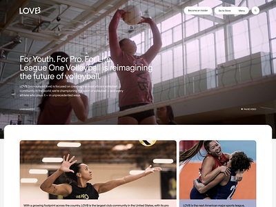 LOVB — Homepage Hero athlete background design fixed header headline hero league menu navbar player product design sport tiles ui ux video volleyball web website