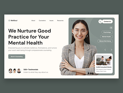 WellSoul – Psychology & Counselling Hero Section counselling design customizable template figma template health and wellness hero sections mental health services psychology template responsive design therapy design ui design ui inspirations ui showcase ui trends ux design website template