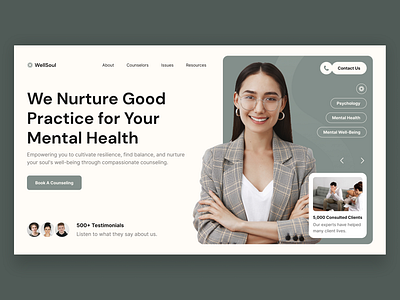 WellSoul – Psychology & Counselling Hero Section counselling design customizable template figma template health and wellness hero sections mental health services psychology template responsive design therapy design ui design ui inspirations ui showcase ui trends ux design website template