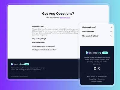 Footer & FAQ - Website Redesign branding dark design desktop faq footer interns internship landing legal marketing mobile page pricing responsive socials ui