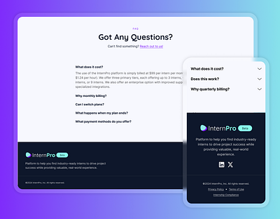 Footer & FAQ - Website Redesign branding dark design desktop faq footer interns internship landing legal marketing mobile page pricing responsive socials ui