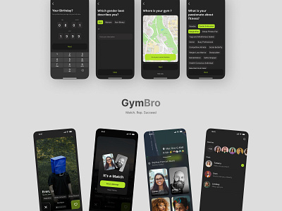 GymBro Mobile App app appdesign cleandesign designinspiration fitnessapp fitnesscommunity fitnessgoals gymapp gymbuddy matchingapp mobile mobileappdesign motion graphics productdesign swipefeature ui uiuxdesign userexperience ux uxdesign