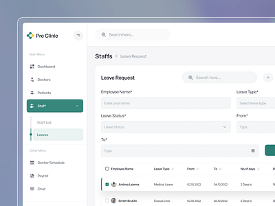 Hospital management dashboard I Staff Leave Request Page Design clinic dashboard doctor doctor appointment health health tracking healthcare healthtech hospital hospital management medical care medical tracking app medical website medicine online medicine product saas web web application web design