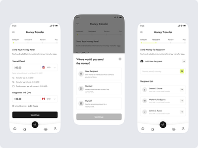 Money Transfer Mobile App add fund bill pay deposit digital wallet figma template finance financial banking mobile app money money transfer mobile app online payment payment payout reciepient remittance send money transfer ui ux withdraw