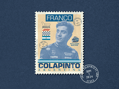 Franco Colapinto 1st Formula 1 Race Postage Stamp argentina argentina back in f1 argentinian flag colapinto f1 f1 driver fangio franco colapinto graphic design helmet monza monza circuit monza italy postage stamp racing retro reutemann vintage williams williams racing