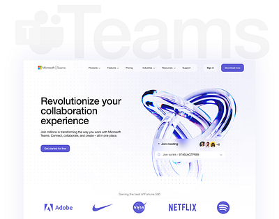 Microsoft Teams landing page Redesign clean design glassmorphism homepage landing page landing page redesign microsoft microsoft teams minimalistic landing page modern professional ui ui design ux web design website design