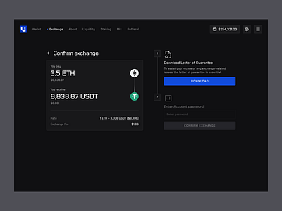 Ultima / Confirm Exchange animation branding confirm swap dark dashboard dark mode dark mode swap design desktop graphic design illustration landing logo swap ui ui design uidesign web