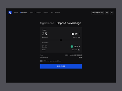 Ultima / Deposit & Exchange blockchain branding crypto dark dashboard dark mode design desktop graphic design landing logo motion graphics swap crypto swap dashboard swap page ui ui design uidesign web