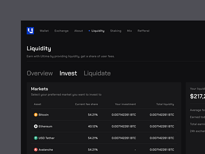 Liquidity page / Ultima crypto component crypto dashboard dark mode dashboard dashboard design desktop illustration landing liquidity ui ui design uidesign web