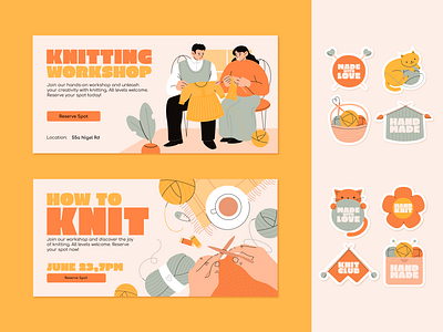 Knitting workshop banners, knitting stickers banner flat graphic design hand drawn flat illustration stickers vector