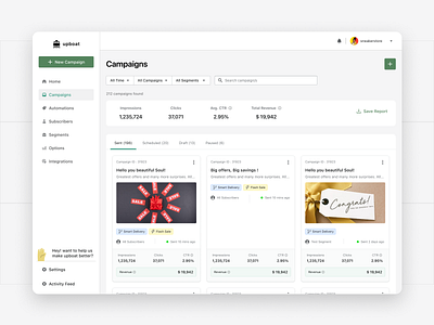 Dashboard for Web Push Notification Campaigns 30 60 90 analytics b2b campaigns dashboard design exploration filters light theme manage notifications performance scannability tool ui ux visual design widget