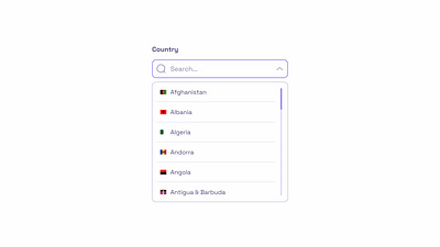 Scrollbar Inside a Dropdown 🔎 app appdesign branding countries country dailyui design dropdown figma flags illustration ios logo purple scrollbar scrolling searchbar ui ux uxui