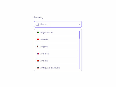 Scrollbar Inside a Dropdown 🔎 app appdesign branding countries country dailyui design dropdown figma flags illustration ios logo purple scrollbar scrolling searchbar ui ux uxui