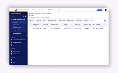 Disputes Management System - Queue Management banking form information architechture list navigation table ui ux web web app