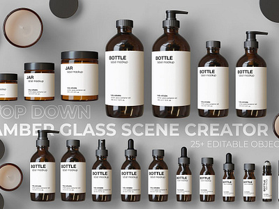 Top down Amber Glass Scene Creator amber bottle label mockup candle jar mockup cosmetics mockup dropper bottle mockup editable editable planner glass jar label mockup jar mockup packaging plastic pump bottle mockup realistic roll on mockup scene creator scene creator mockup scene creator top view separated spray bottle mockup