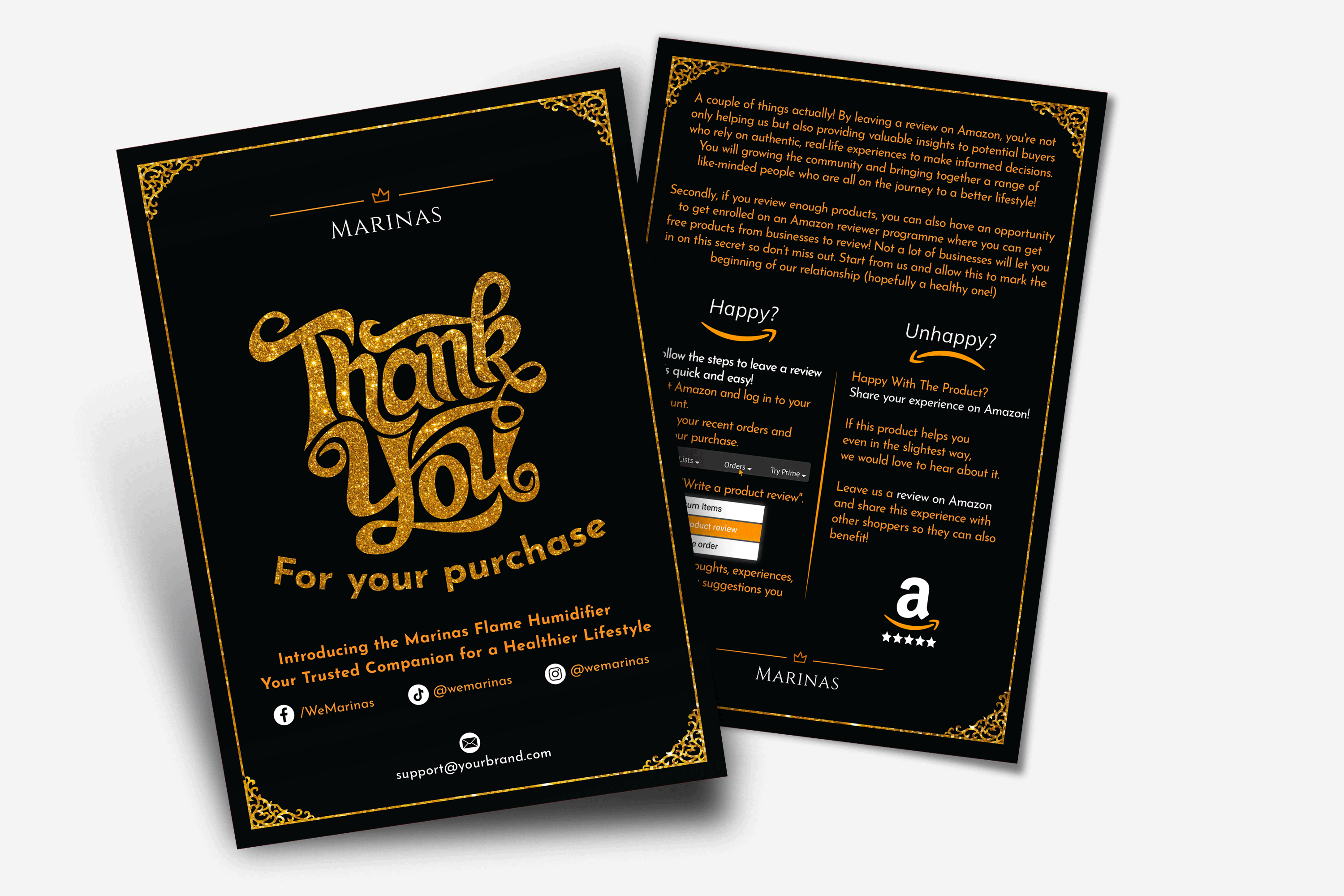 Amazon thank you card, product insert, package insert design amazon review card amazon thank you card black design branding branding design glitter glitter paper design golden design golden glitter design graphic design greetings card package insert product insert purchase card review card thank you card