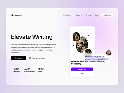 Speechy – Landing Page for Writing App app application branding gradients graphic design landing page photos product landing page product page ui