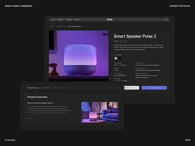 Smart Home E-commerce Website Concept — Product Page catalog design digital design e commerce ecommerce interface midjourney minimal online store product overview product page reviews smart home smart speaker tech products ui ui design ux design uxui web design