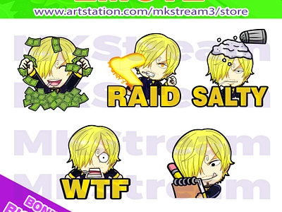 Twitch Emotes One Piece Sanji rich, raid, salty, wtf & note pack animated emotes anime cute design emote emotes illustration luffy money note emotes one piece one piece emotes pirates raid salty sanji sanji emotes sub badge twitch emotes wtf