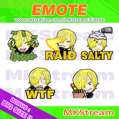 Twitch Emotes One Piece Sanji rich, raid, salty, wtf & note pack animated emotes anime cute design emote emotes illustration luffy money note emotes one piece one piece emotes pirates raid salty sanji sanji emotes sub badge twitch emotes wtf