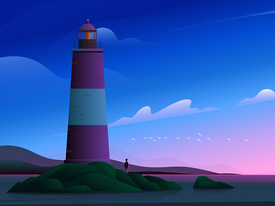 Seagull's Space cloud dark design digital illustration draw evening illustration island landscape lighthouse mountain nature painting pink seagull sky tree vector vector digital illustration vector illustration