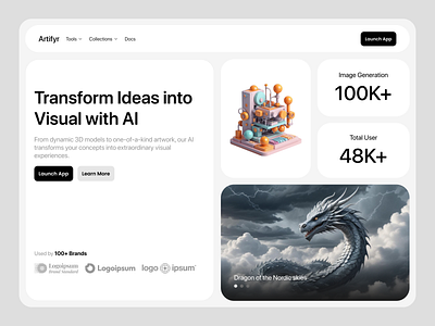 Artifyr - AI Generator Image Hero Landing Page ai ai generative ai generator ai landing page bento bento landing page bento style dragon hero landing page image generator landing page logo ui ux design