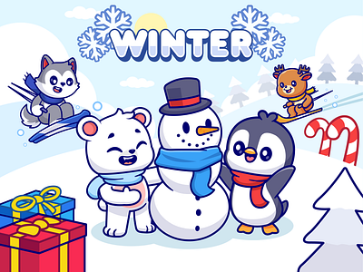 Winter Season Illustration❄️⛄️🐧 animal bear box branding character cold cute doodle flat freeze icon illustration logo penguin raccoon season ski snow snowman winter