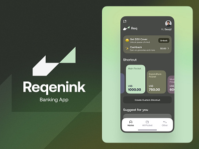 Reqenink - Banking Mobile App ai animaiton app artificial intelligence banking card credit card finance fintech gradient green illustration logo animation mobile mobile app modern money pocket app saving wallet