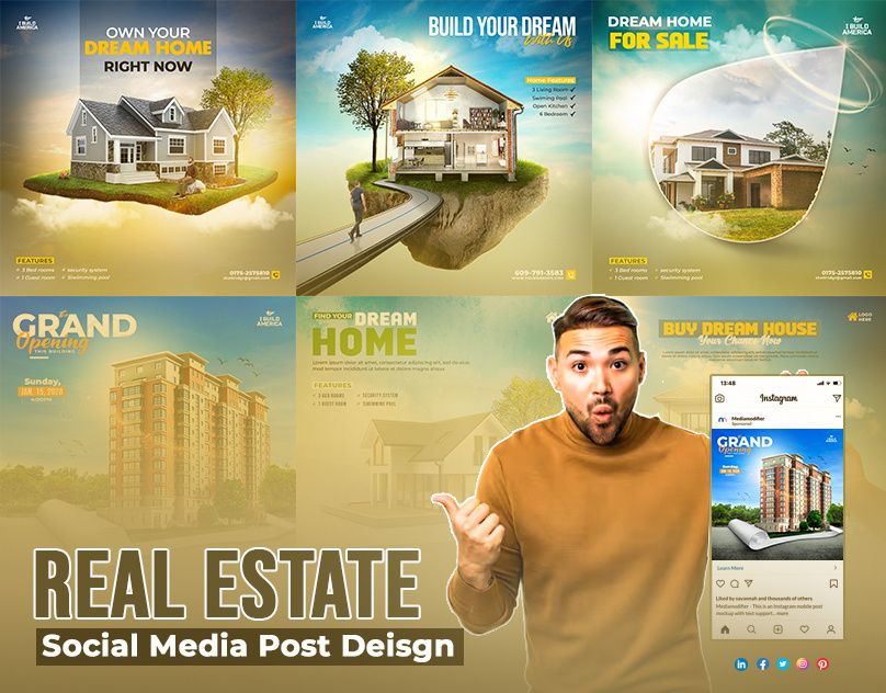 Real Estate Social Media Post Folio branding business design flyer graphic design grow home home post logo real estate renthome social media post