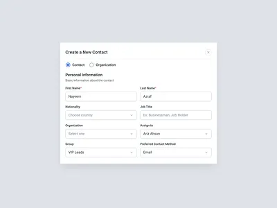 Create Contact app cards component contact contact form contact info design filter filters list modal new contact search select software table tree ui user interface ux