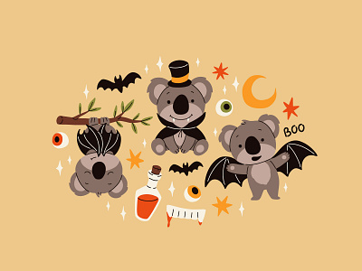 Koala halloween set bear cartoon character concept design flat halloween illustration koala vector