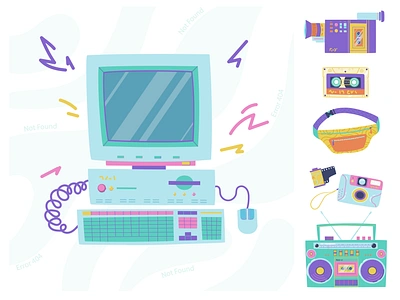 retro 1980s 1990s boombox camcorder camera cassette computer device digital drawing illustration keyboard nostalgic record player retro screen stereo technology vector vintage waist bag