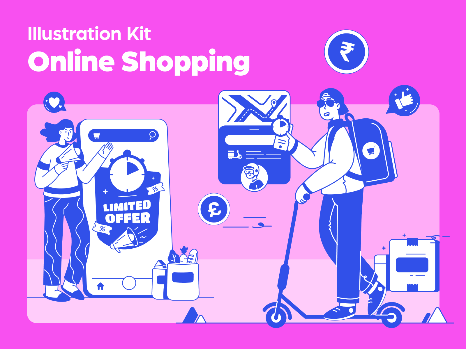 Illustration Kit: Online Shopping 🛍️ branding character character design delivery design design asset e commerce graphic design iconscout illustration illustration kit marketing online shopping promotion shopping vector