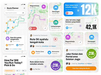 Running App - Route Planner android app bold card clean design friends ios iphone map mobile navigation route run sport thumbnail typography ui ux widget