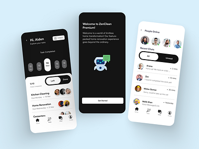 ZenClean black and white branding housekeeping ui ux